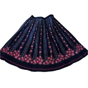Black with red floral design cotton midi skirt size L